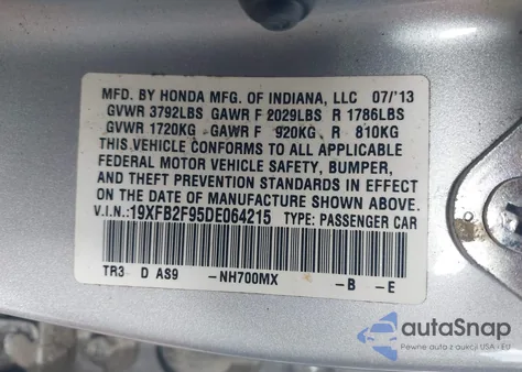 2013 Honda Civic Ex-L z USA, uszkodzony, nr VIN 19XFB2F95DE064215